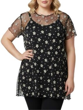 SHEIN | Ditzy Daisy Black and Gold Floral Mesh Sheer Top Short Sleeve Cover Up
